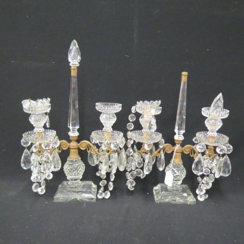 Appraisal: Pair of Cut Crystal Candelabra double sconce bronzed mounted teardrops