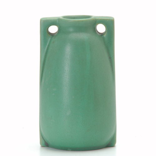 Appraisal: TECO Architectual-form vase with two buttressed handles grinding nick at