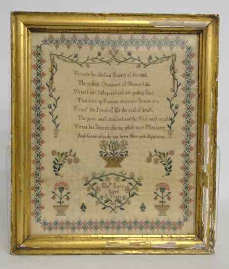 Appraisal: th c needlework sampler having verse baskets of flowers and