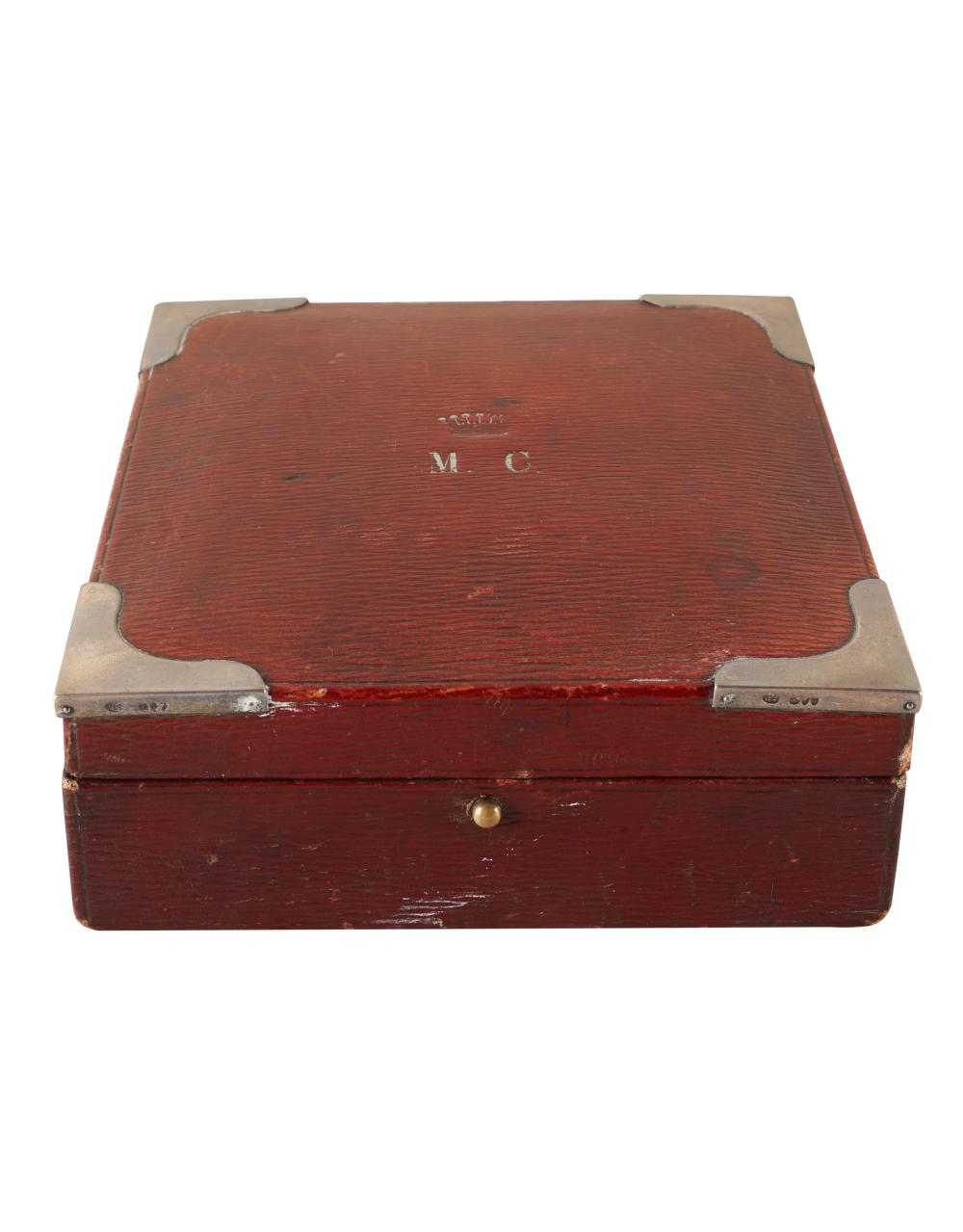 Appraisal: VICTORIAN STERLING LEATHER BEZIQUE BOXthe red leather box stamped in