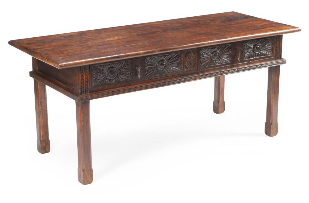 Appraisal: Spanish Colonial Tropical Hardwood Console Table two frieze drawers floral