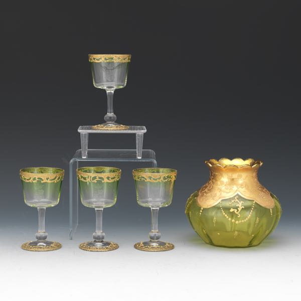 Appraisal: MOSER ARMORIAL GREEN OPTIC GLASS VASE AND FOUR GLASSES Optic