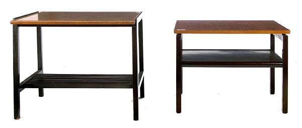 Appraisal: Two similar Dunbar walnut and stained wood two-tiered side tables