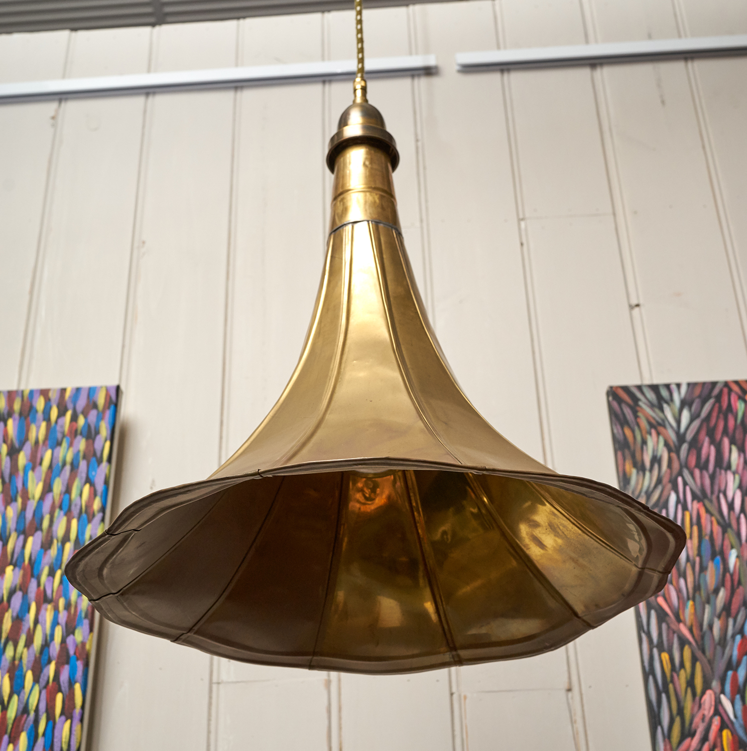 Appraisal: A PAIR OF s GRAMAPHONE HORNS CONVERTED TO CEILING LIGHTS