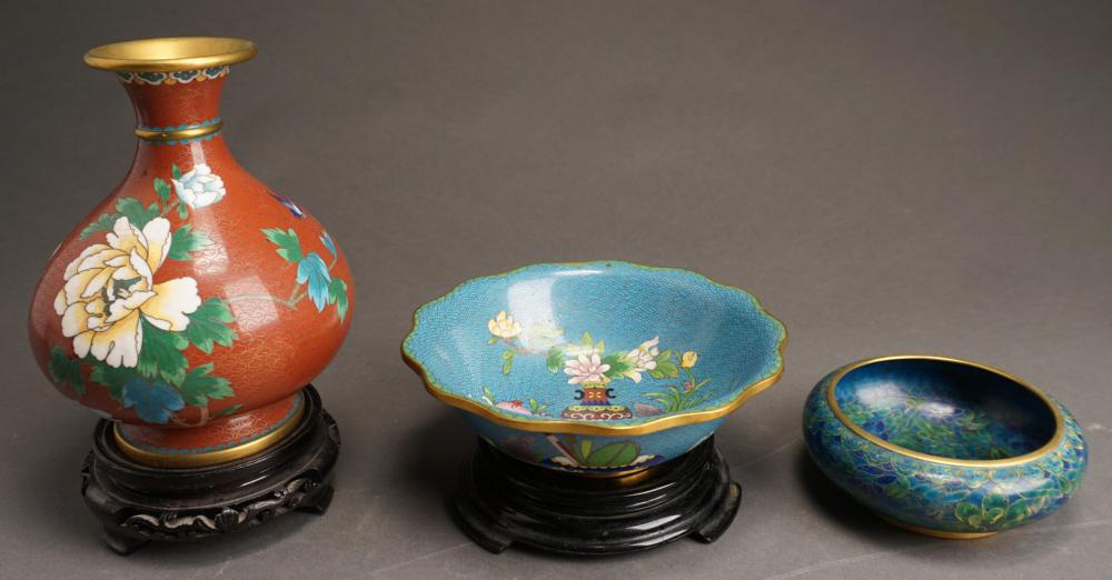 Appraisal: CHINESE CLOISONNE VASE AND TWO BOWLS H OF VASE IN