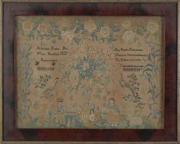 Appraisal: Reading Pennsylvania silk on linen sampler dated wrought by Catherine