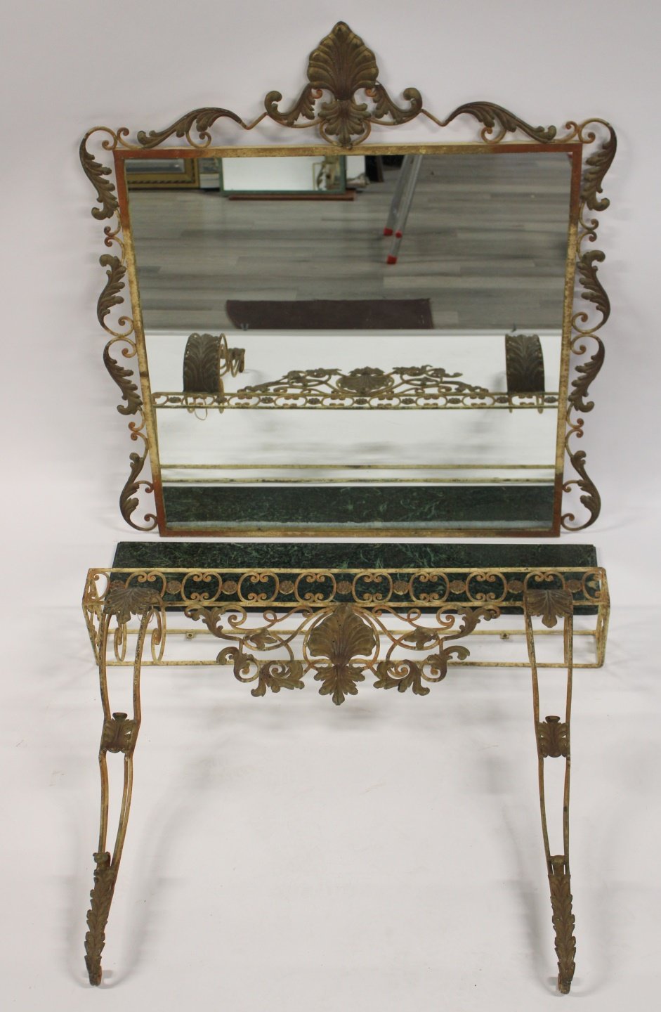 Appraisal: MIDCENTURY IRON MARBLETOP CONSOLE MIRROR Quite ornate quality and with