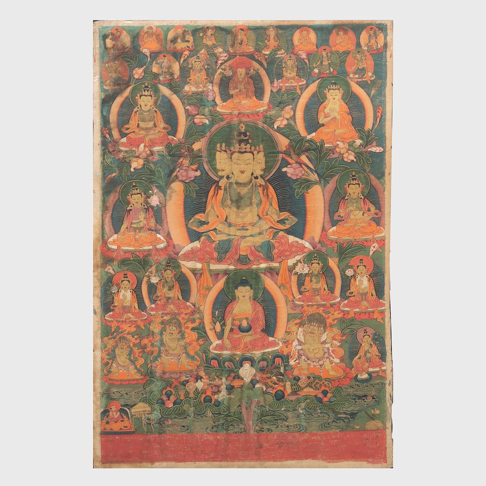 Appraisal: Tibetan Thangka Depicting Vairocana Tibetan Thangka Depicting Vairocana Distemper on