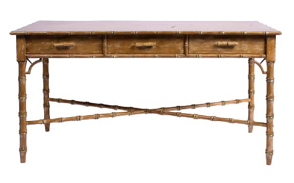 Appraisal: A chinoiserie style mixed wood and faux bamboo writing desk