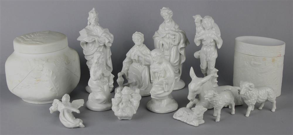 Appraisal: A WHITE PORCELAIN CRECHE GROUP AND TWO BISCUIT BOXES the