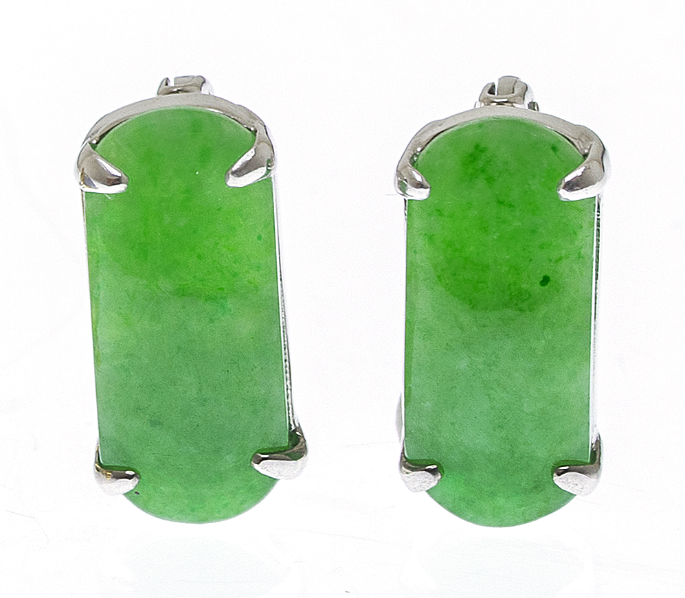 Appraisal: PAIR OF GREEN JADE AND SILVER METAL EARRINGS With rectangular