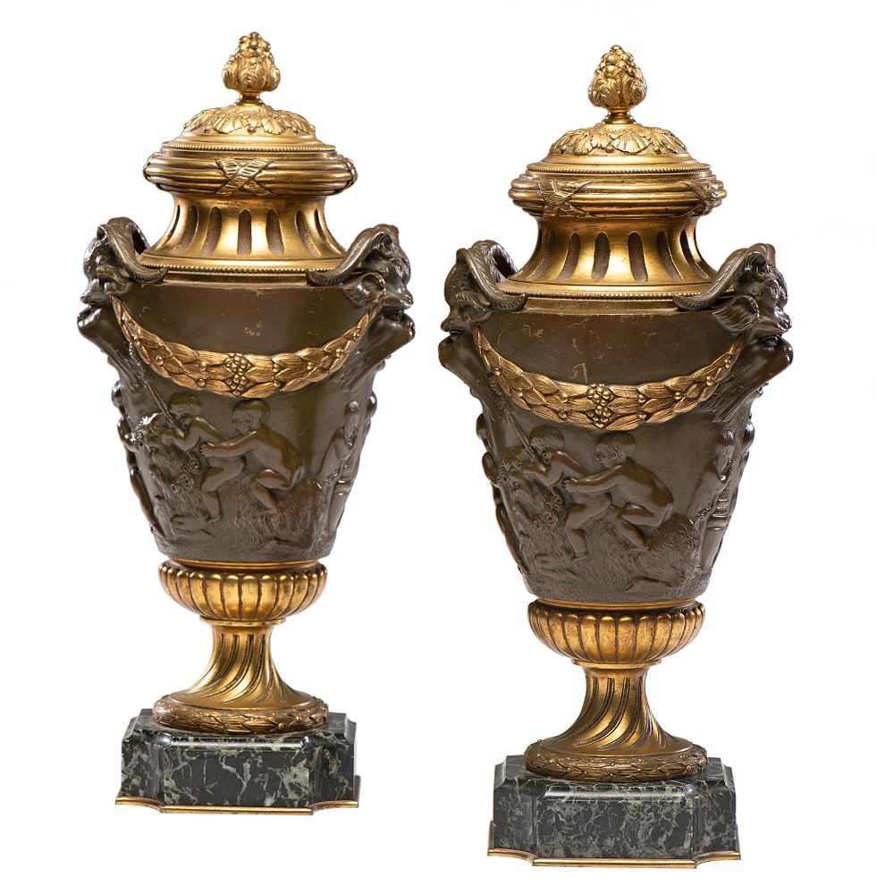 Appraisal: A Pair of Neoclassical Gilt and Patinated Bronze Urns A