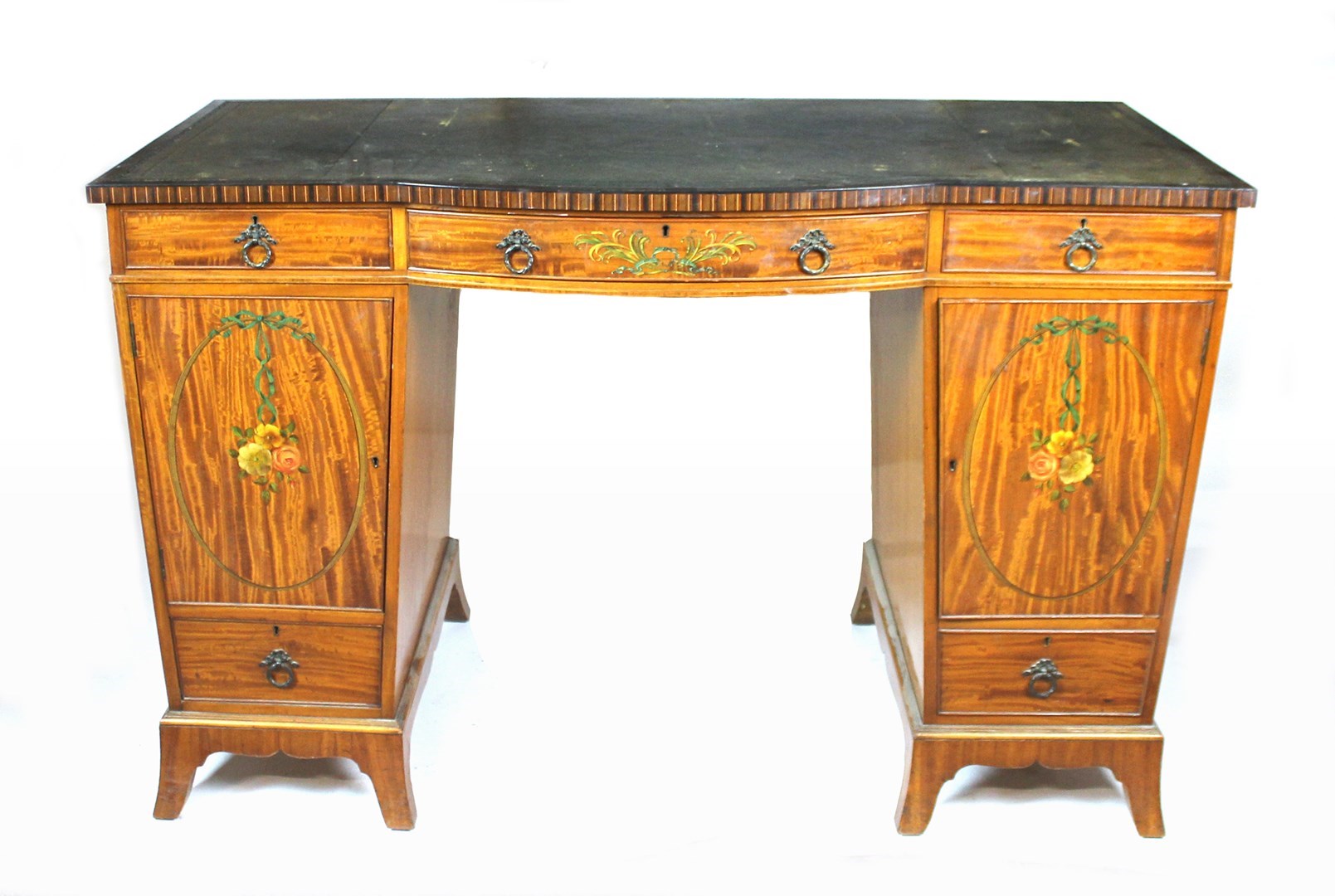 Appraisal: A late th century inlaid floral painted satinwood bowfront pedestal