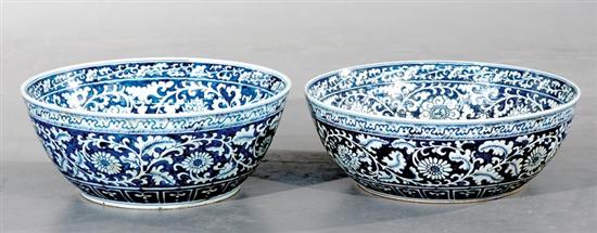 Appraisal: Pair Chinese Export blue-and-white porcelain footbaths deep circular bowl with