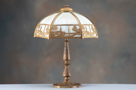 Appraisal: Antique slag glass bent panel Table Lamp circa - diameter