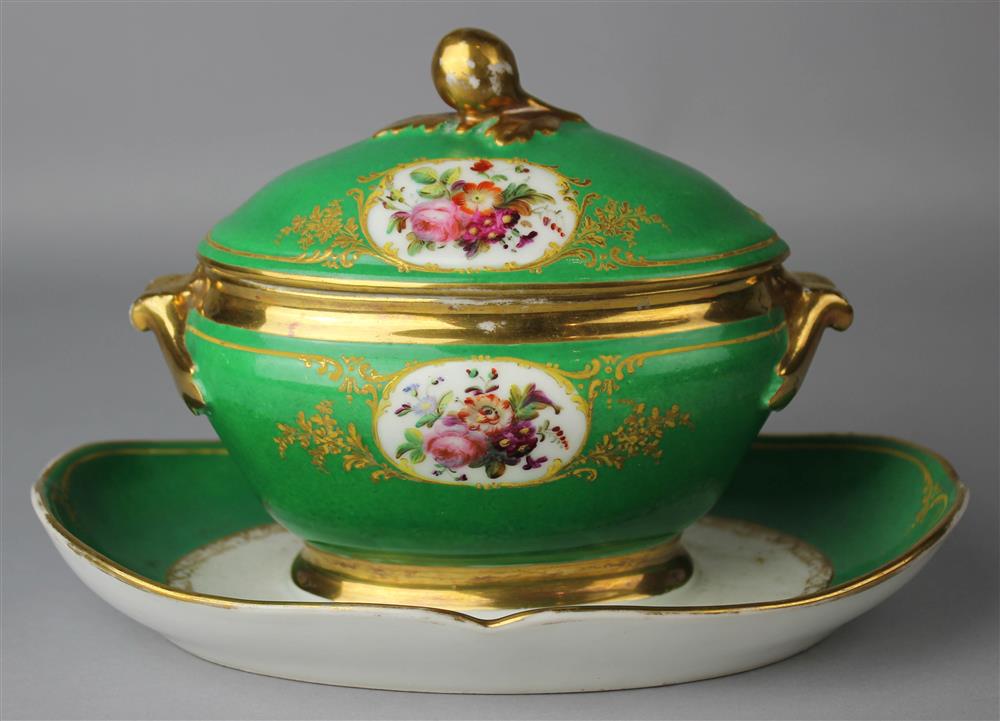 Appraisal: SEVRES STYLE GREEN GROUND OVAL SAUCE TUREEN ON FIXED STAND