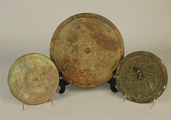 Appraisal: THREE CHINESE ARCHAIC STYLE BRONZE CIRCULAR MIRRORS diameters inches inches