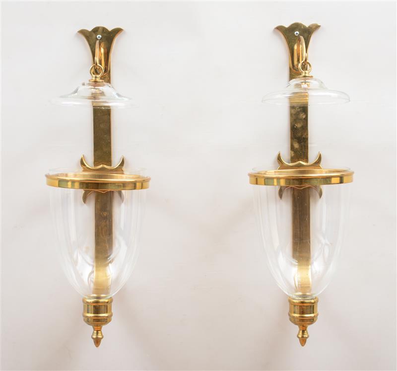 Appraisal: PAIR OF REGENCY STYLE BRASS WALL LIGHTS WITH GLASS SHADED