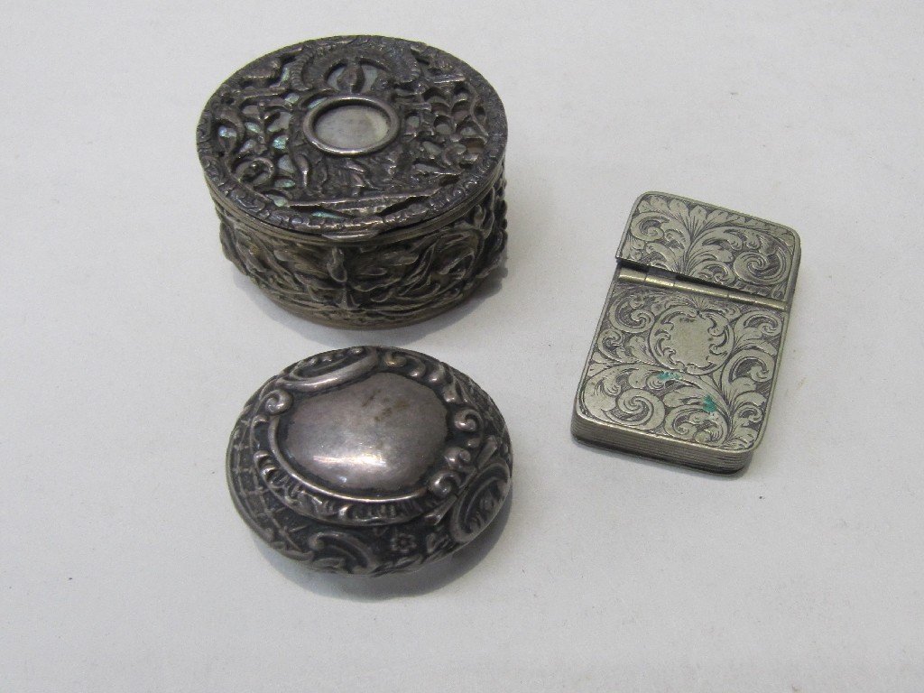 Appraisal: Lot comprising silver pill box white metal examples and a