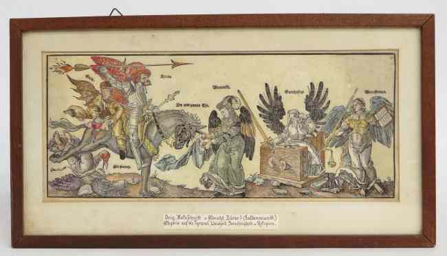 Appraisal: Early hand colored Albrecht Durer woodcut ''Allegory of the tyranny