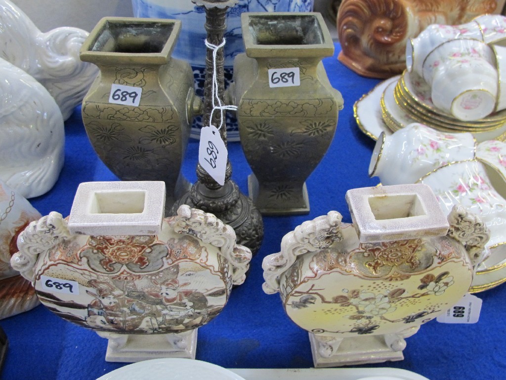 Appraisal: Pair of Japanese Satsuma vases pair of Chinese brass vases