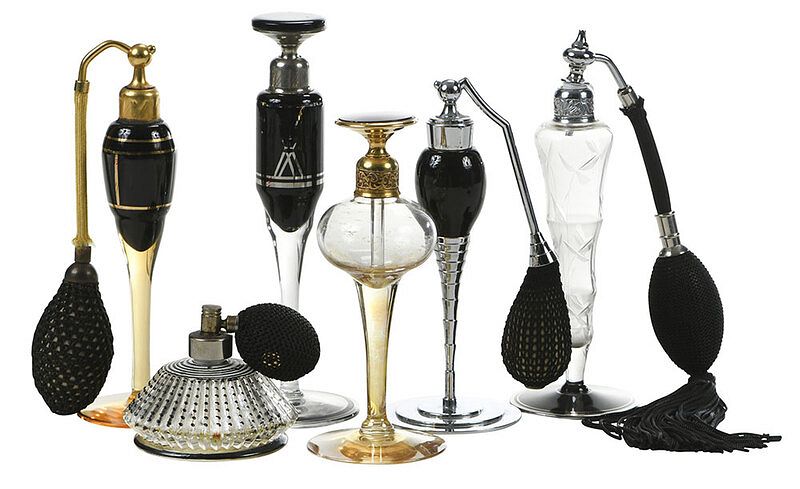 Appraisal: Six Black Perfume and Atomizer Bottles American Continental th century