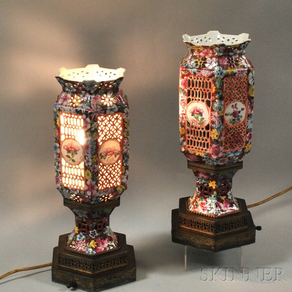 Appraisal: Pair of Chinese Polychrome Porcelain Lanterns th century the hexagonal