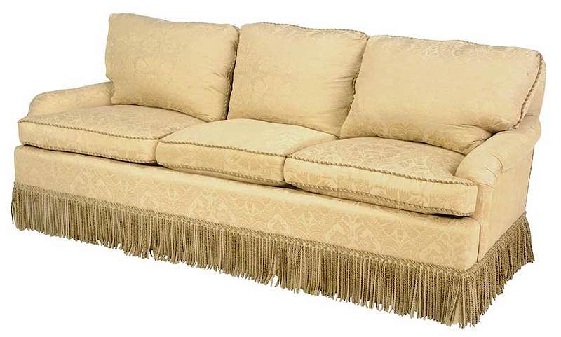 Appraisal: Custom Ordered Upholstered Sofa contemporary gold brocaded upholstery corded trim