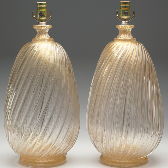 Appraisal: Seguso lamps pair swollen form in clear amber glass with