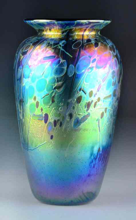 Appraisal: Signed Arthur Allison Iridescent VaseIridescent cylindrical vase with flared neck