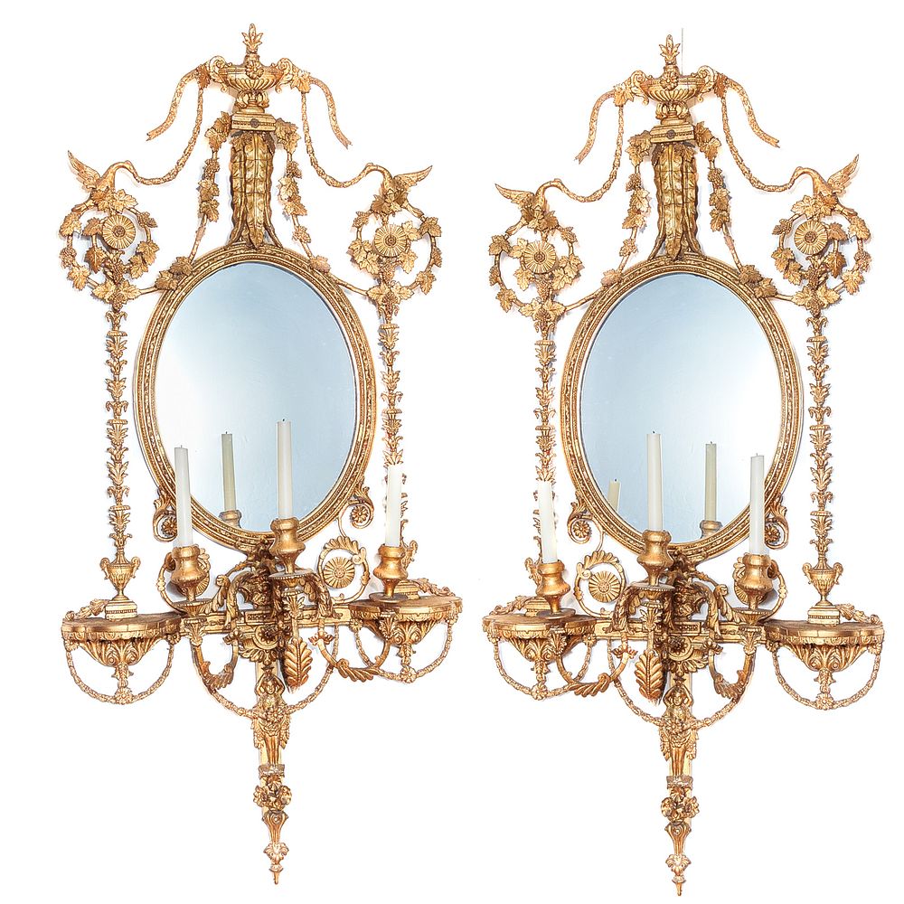 Appraisal: Pair Large George III Giltwood Mirror Back Sconces Circa magnificent