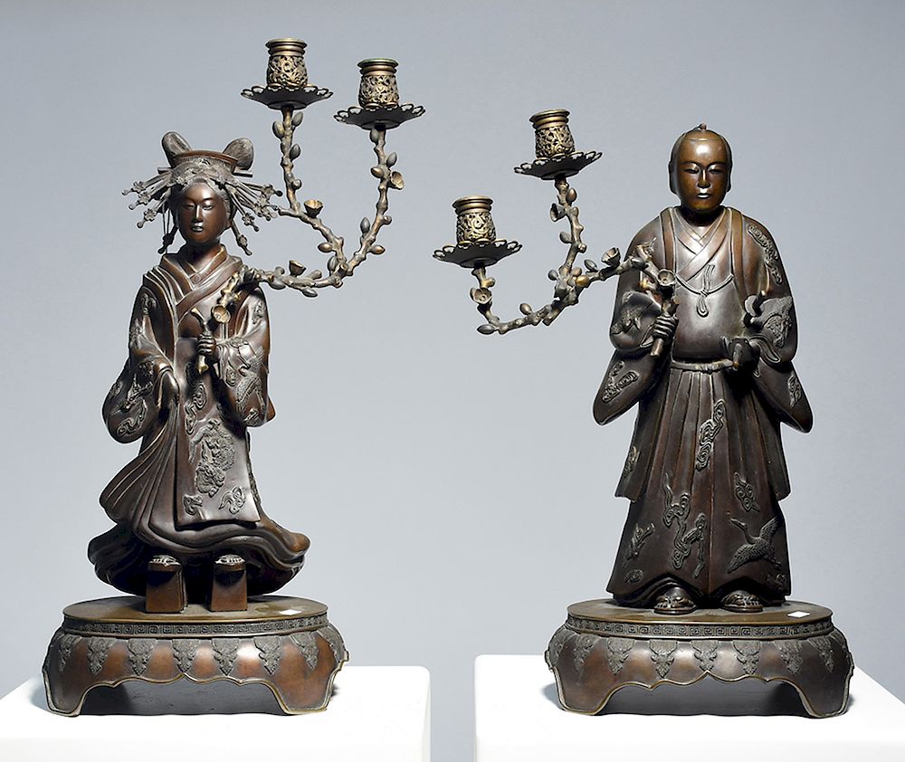 Appraisal: Pair of Meiji period Japanese figural candelabras Pair of Meiji