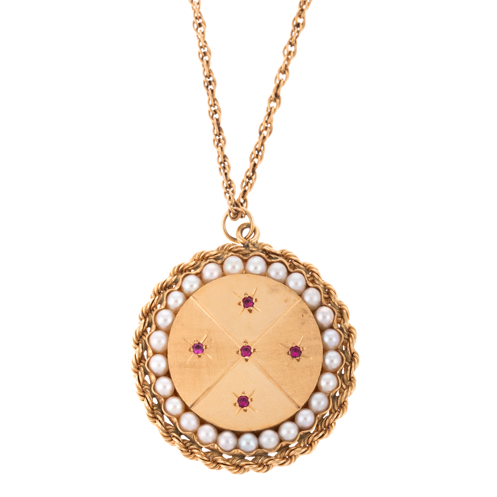 Appraisal: A K RUBY PEARL DISC PENDANT LONG CHAIN K yellow