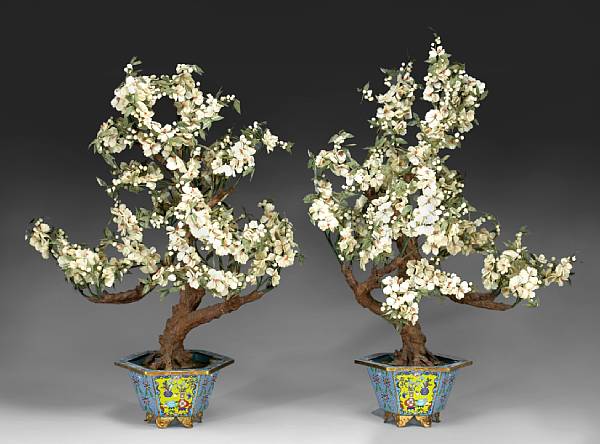 Appraisal: A pair of hardstone jewel trees in cloisonn enameled metal