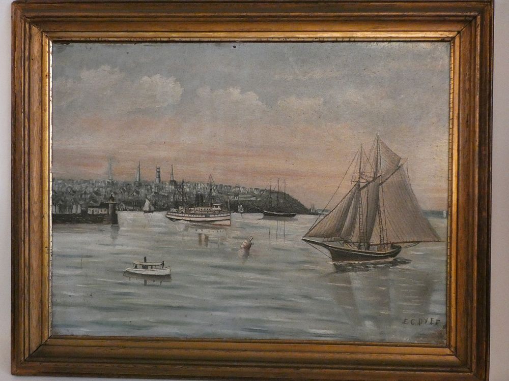 Appraisal: EC DYER MARINE HARBOR SCENE Victorian primitive seascape painting of