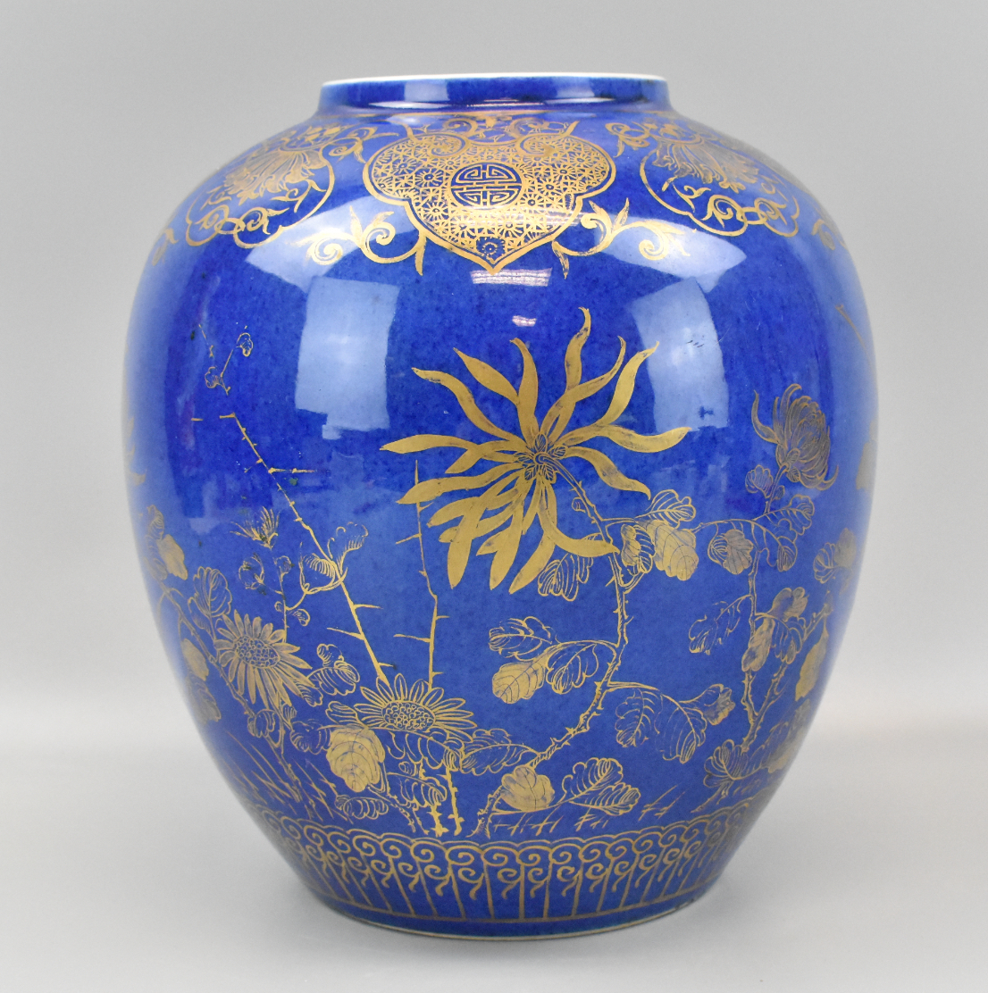 Appraisal: A Chinese porcelain gilt blue glazed jar High shouldered rounded