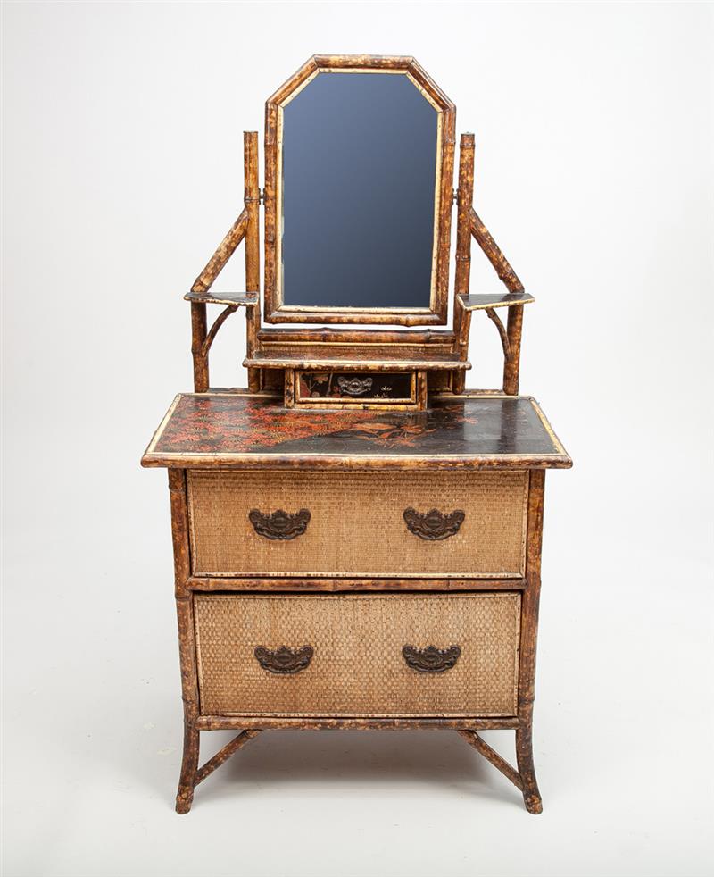 Appraisal: Edwardian Bamboo-Mounted Sea Grass Dressing Chest With beveled glass mirror