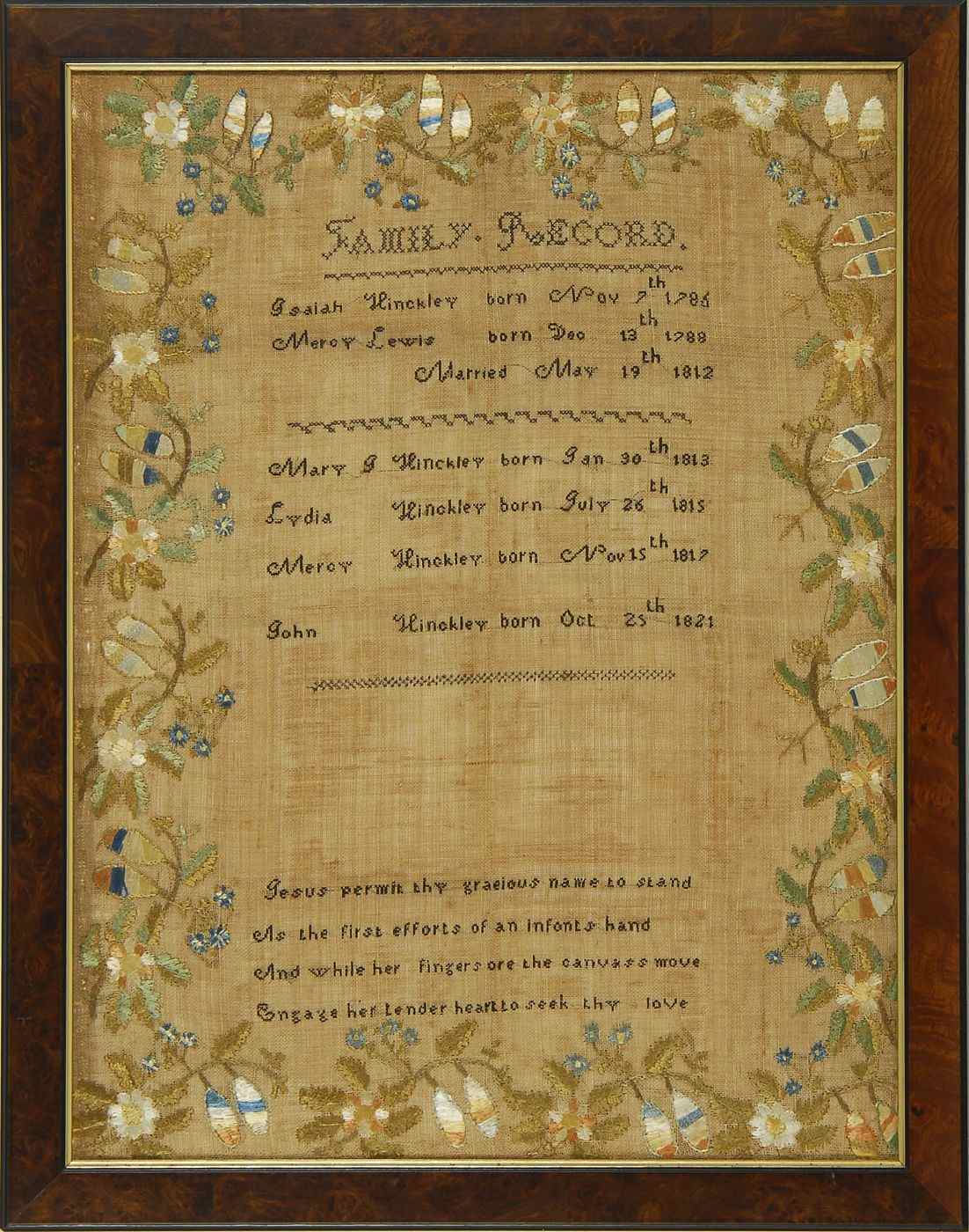 Appraisal: FRAMED NEEDLEWORK HINCKLEY FAMILY RECORDAmerican th CenturyListing the marriage of