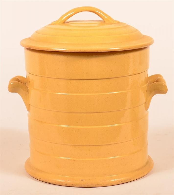 Appraisal: Yellowware Covered Storage Canister Yellowware Covered Storage Canister Slightly dome