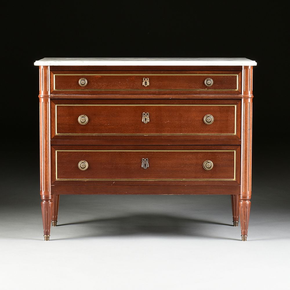 Appraisal: A LOUIS XVI STYLE MARBLE TOPPED AND BRONZE MOUNTED MAHOGANY