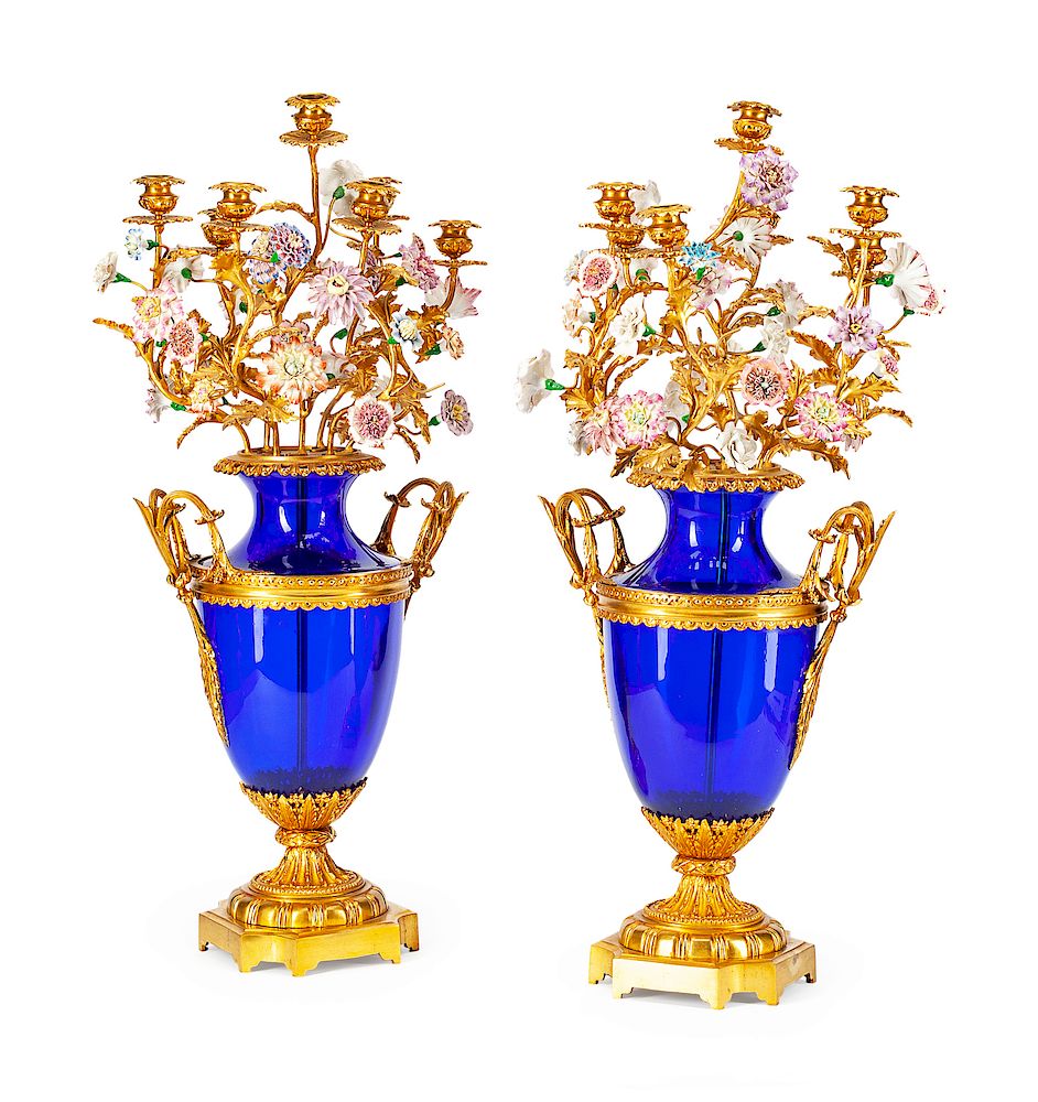 Appraisal: A Pair of Neoclassical Style Gilt-Bronze and Porcelain-Mounted Blue Glass