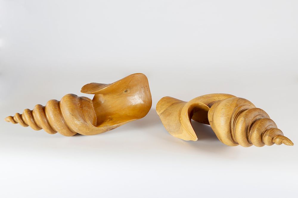 Appraisal: Pair of Carved and Turned Wood Shells Exclusive on Bidsquare