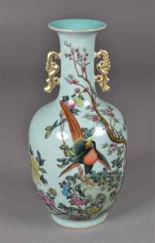 Appraisal: Large Chinese Green Vase with Handles and BirdLong-neck porcelain vase