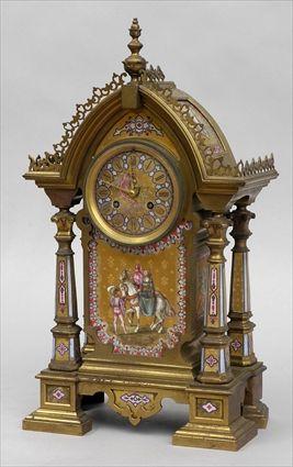 Appraisal: GOTHIC-STYLE PORCELAIN-MOUNTED GILT-METAL MANTEL CLOCK The in dial within a