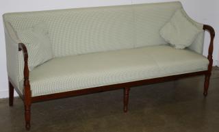 Appraisal: Sheraton Mahogany Sofa Sheraton reeded leg mahogany and cherry sofa