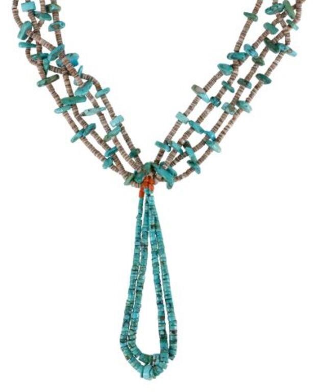 Appraisal: Native American Pueblo beaded necklace four strands of turquoise chips