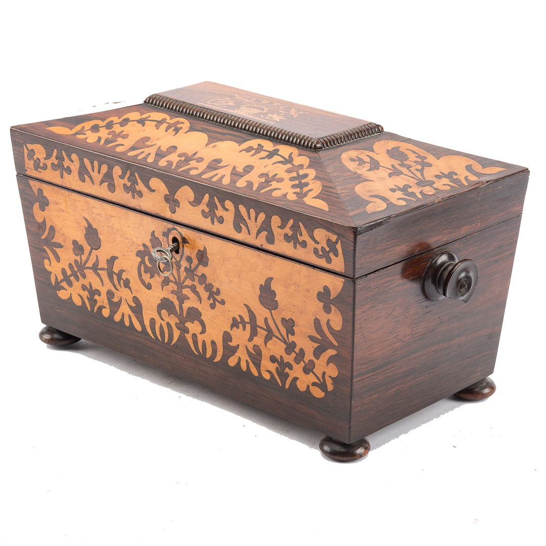 Appraisal: Victorian inlaid rosewood tea caddy mid- th century sarcophagus form