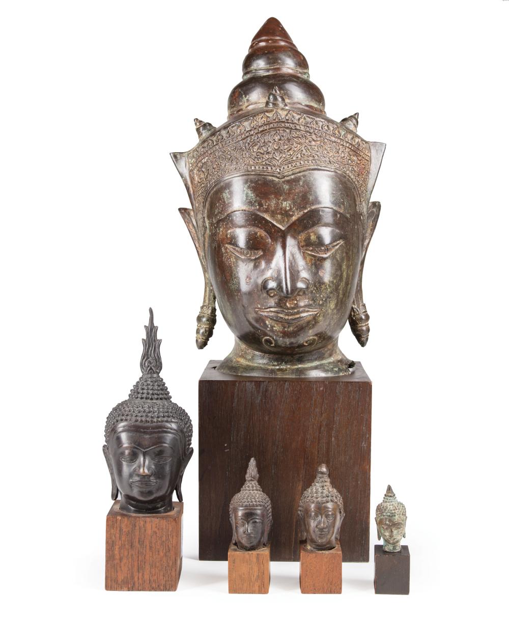 Appraisal: Collection of Five Thai Bronze Heads of Buddha largest with