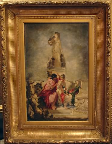 Appraisal: Two figures seated at base of classical monument oil on