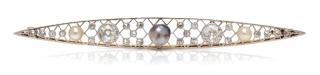 Appraisal: An Edwardian Platinum Topped Gold Diamond and Pearl Bar Brooch